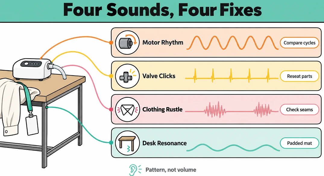 Four sound tracks comparing motor, valve, clothing and desk noise patterns with a fix for each