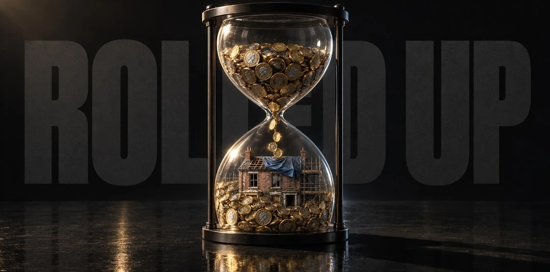 Hourglass pouring gold coins onto a half-renovated house, showing interest building over time