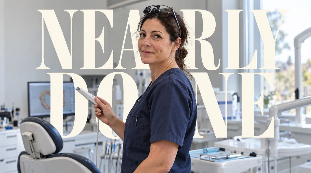 Magazine-style cover of a dentist holding an intraoral scanner wand in front of an oversized headline reading Nearly Done