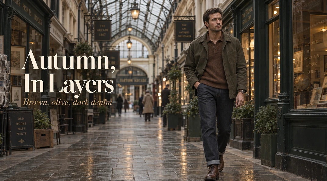 Man in a brown knitted polo, olive jacket and dark denim walking through a Cardiff arcade