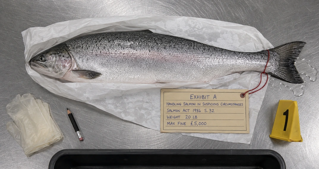 Overhead shot of a whole salmon on a steel table with a handwritten evidence label
