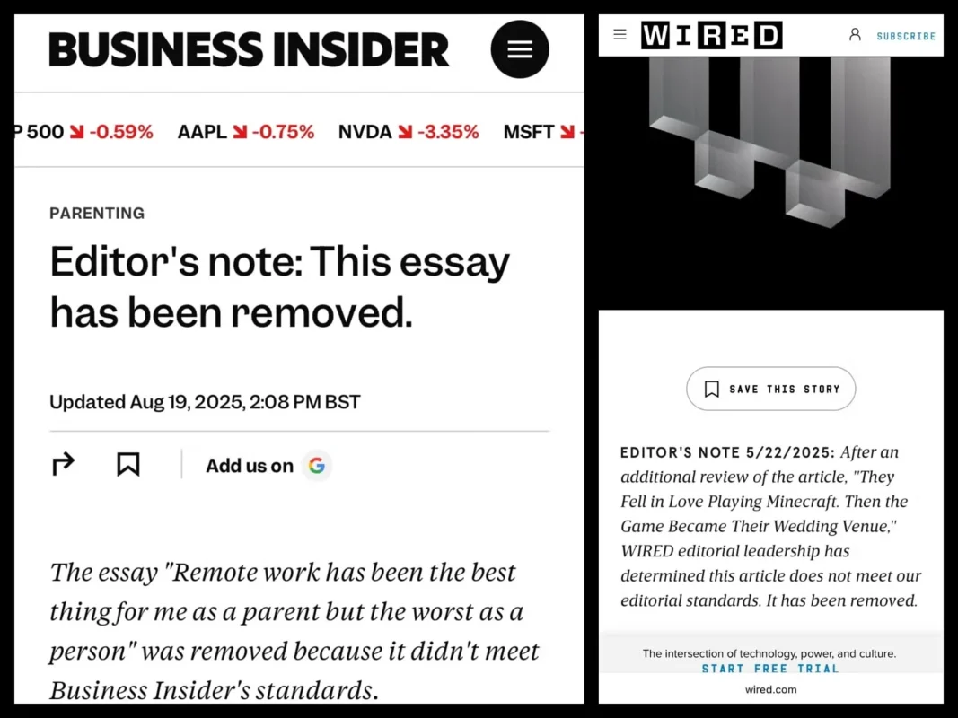 Screenshot of Wired's editor's note replacing the removed Margaux Blanchard article