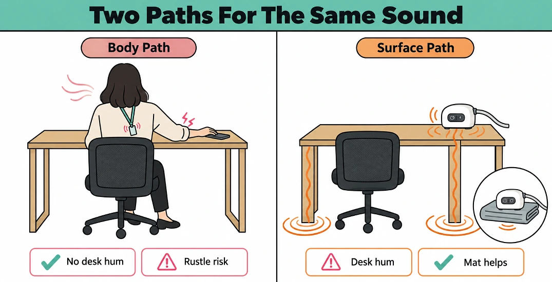 Side-by-side of wearable body path and desk pump surface path, showing where each sound travels
