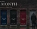 Six closed front doors on a wet terraced street with a figure standing outside holding a closed umbrella