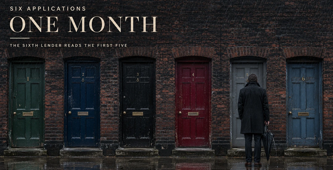 Six closed front doors on a wet terraced street with a figure standing outside holding a closed umbrella