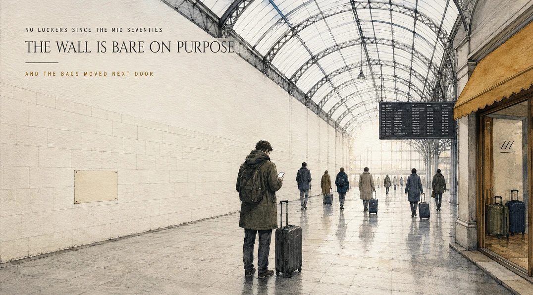 Watercolour of a London station concourse with a bare wall where luggage lockers once stood
