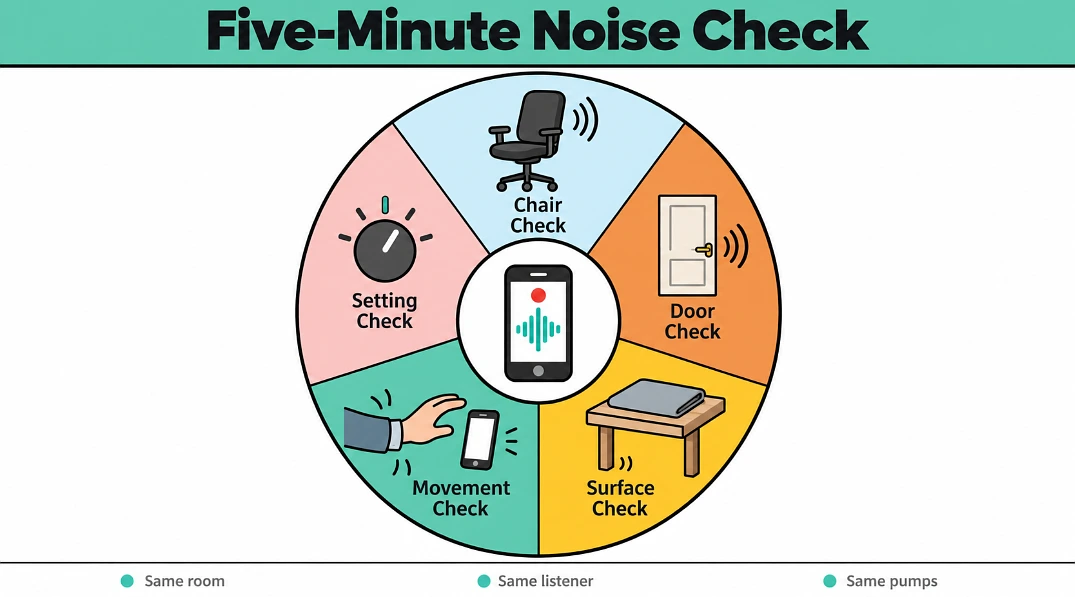 Wheel diagram of five office noise checks: chair, door, surface, movement and setting