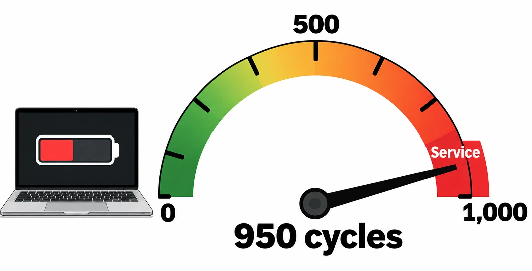 Battery cycle gauge with the needle at 950 cycles in the red service zone
