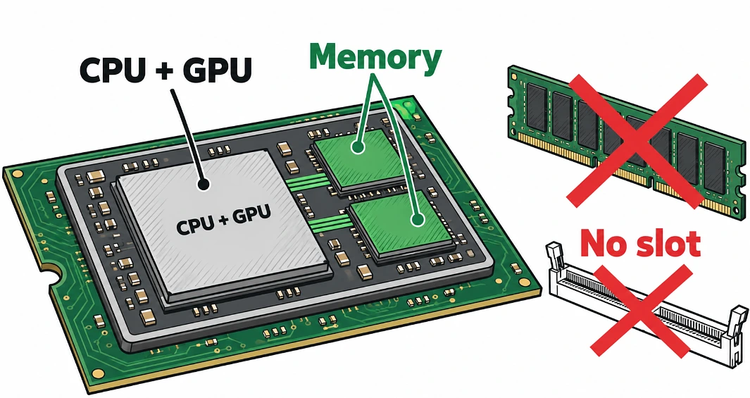 Chip package with memory beside the processor and a crossed-out RAM stick showing there is no slot