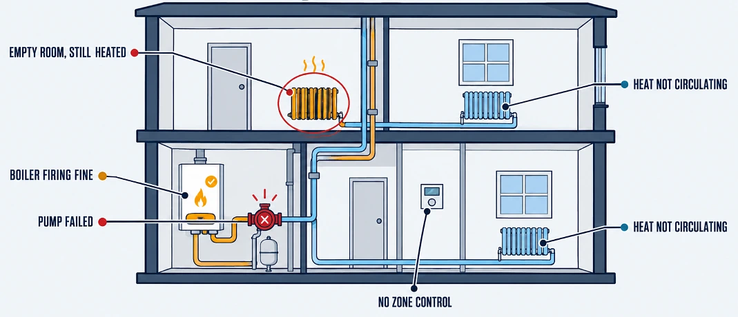 Cutaway of a building's heating system showing a failed pump, cold radiators and a heated empty room