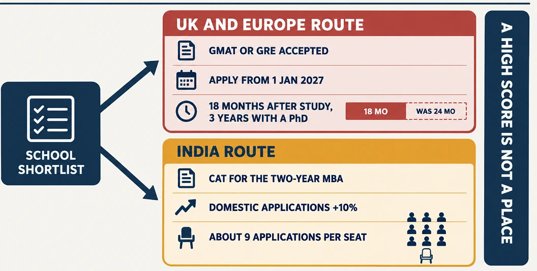 Decision diagram splitting the UK and India application routes by entrance test and timing