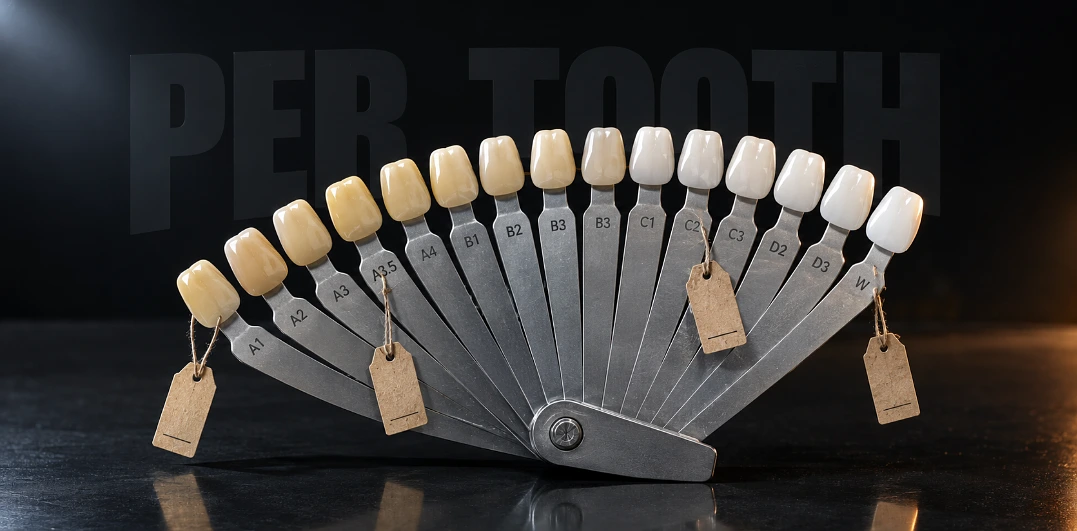 Dental shade guide fanned open on a dark surface with blank price tags hanging from four tabs