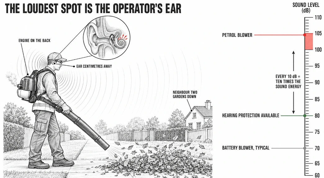 Diagram of a groundskeeper with a petrol leaf blower beside a decibel scale from 60 to 110 dB