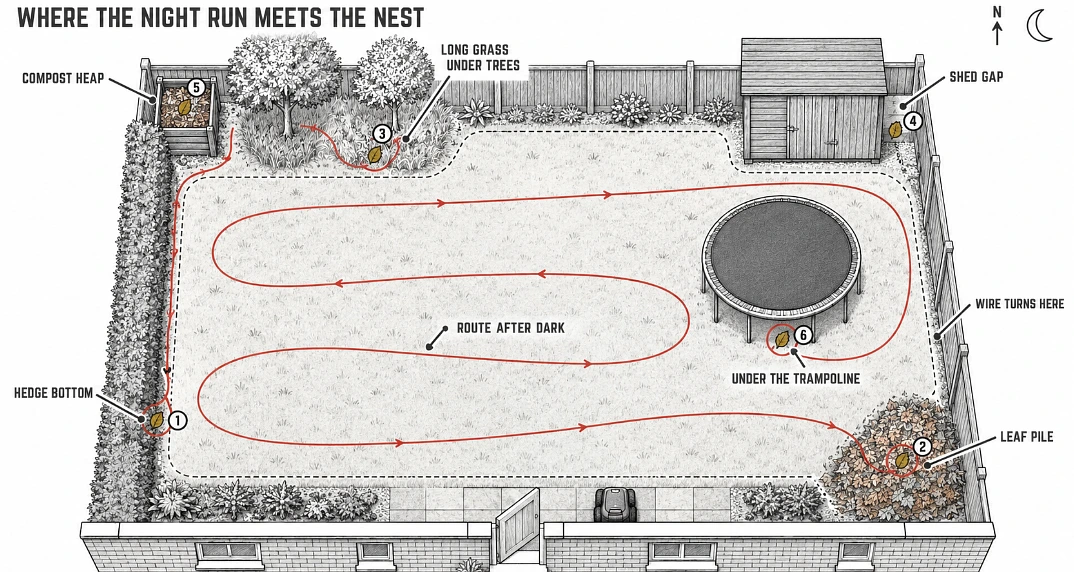 Garden plan showing six hedgehog nest sites along a robot mower's night-time route