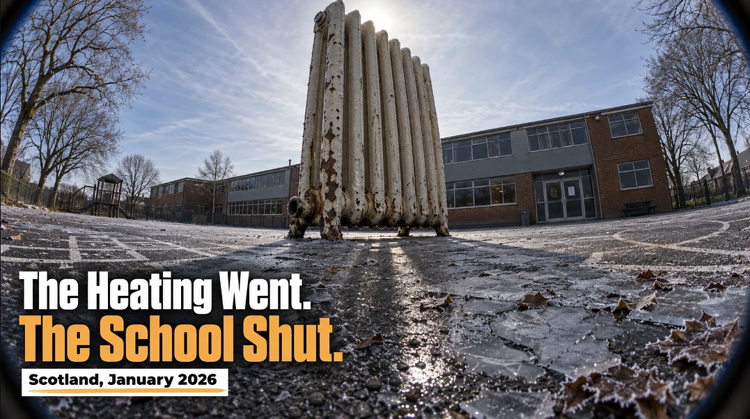 Giant cast-iron radiator standing in a frozen, empty school playground on a winter morning