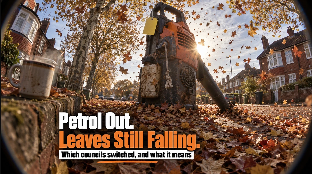 Giant petrol leaf blower standing silent on a British street while autumn leaves pile up around it