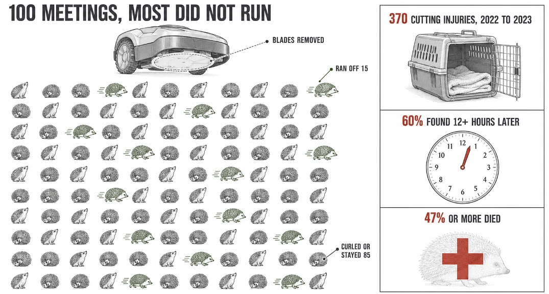 Grid of 100 hedgehog figures with 15 running away, beside rescue centre injury and survival figures