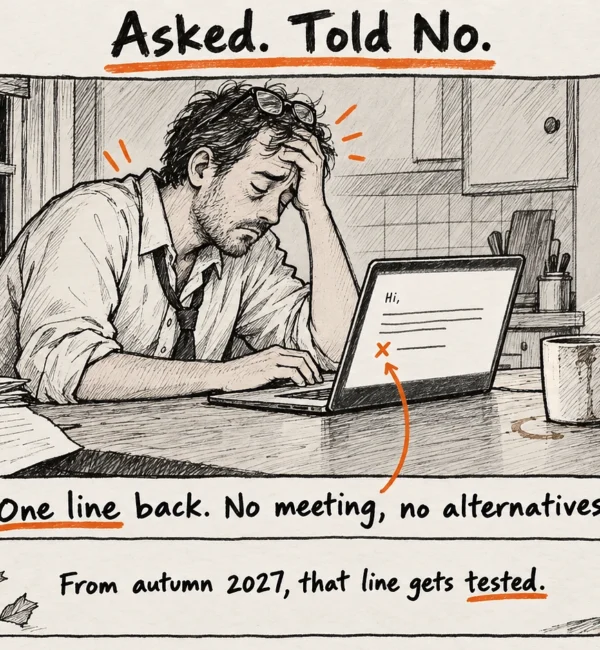 Hand-drawn sketch of a tired man slumped at a laptop late at night after a one-line refusal