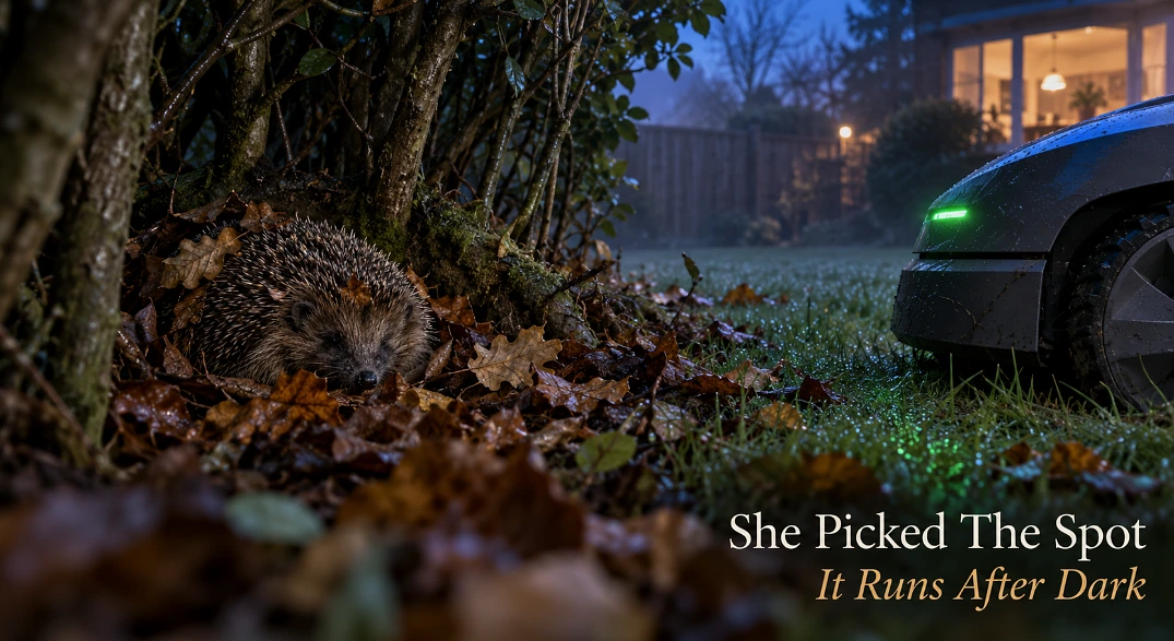 Hedgehog curled in leaves under a hedge at dusk as a robot mower's wheel arrives at the lawn edge