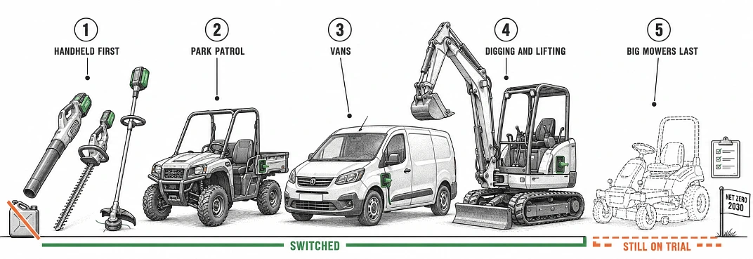 Line of grounds machines showing which switched to battery, from handheld tools to vans, with mowers still on trial