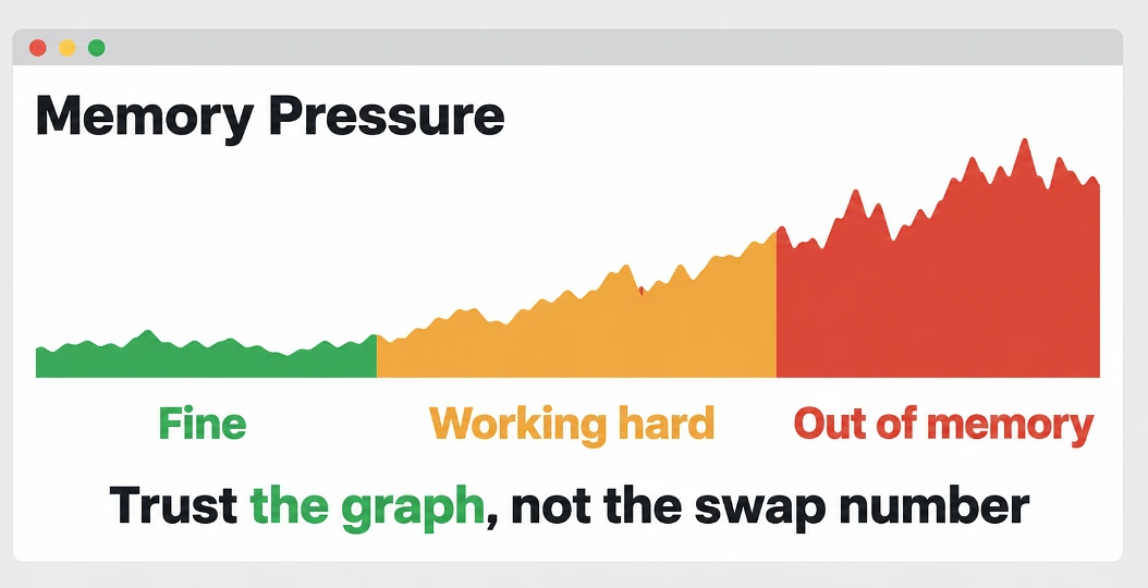 Memory Pressure graph moving from green to amber to red, with a note to trust the graph over swap