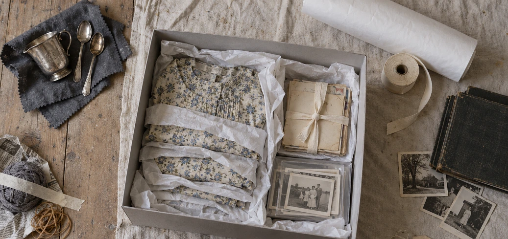 Overhead photo of an archival box being packed with a dress, letters and photos, with newspaper and rubber bands