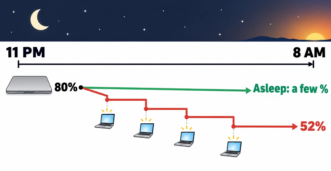 Overnight battery lines showing a flat sleep compared with repeated wakes draining the battery to 52%