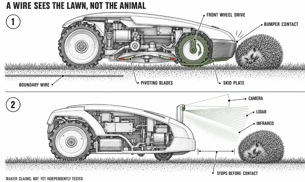 Side sections comparing a wired mower bumping a hedgehog with a sensor-fitted mower stopping before it