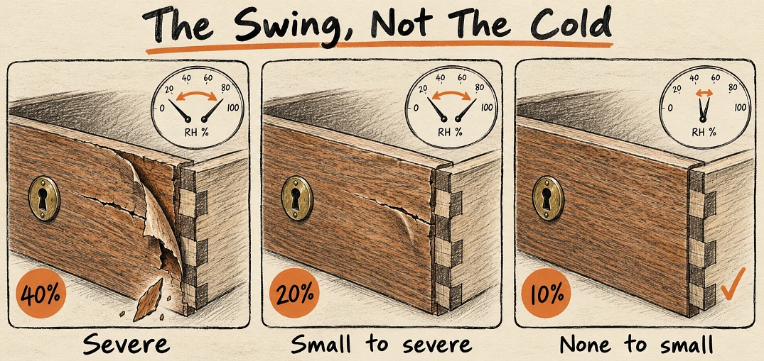 Sketch of a veneered drawer corner showing severe, moderate and no damage at 40, 20 and 10 percent humidity swings