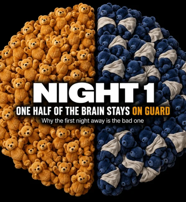 Teddy bears laid out as a brain, alert amber bears on the left half and sleeping blue bears on the right