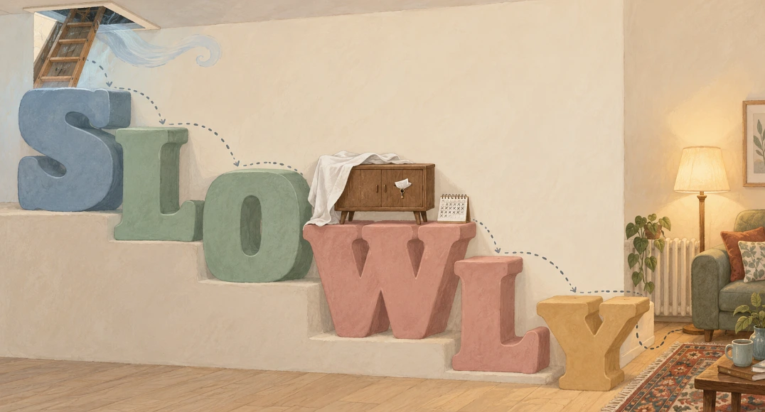 The word SLOWLY drawn as a staircase from a loft hatch to a living room, with a sideboard partway down