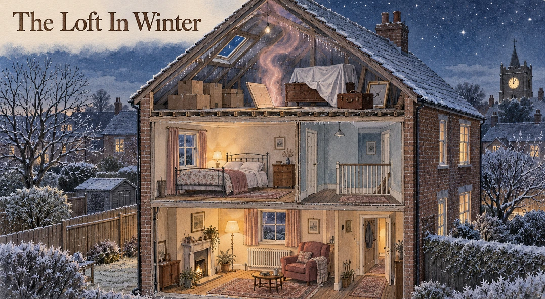 Watercolour cutaway of a house in winter with heirloom boxes in a cold loft above warm living rooms