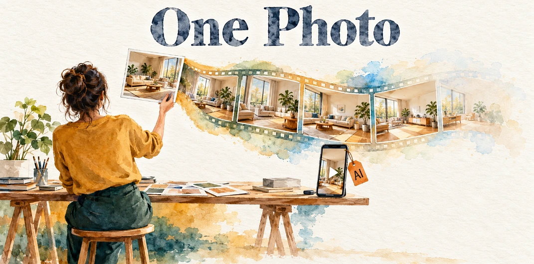 Watercolour of a designer holding a room photo whose colour flows into film frames and a phone labelled AI