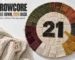 Wool and velvet swatches laid out as a thermostat dial turned from 22 to 21, beside a charity-shop throw