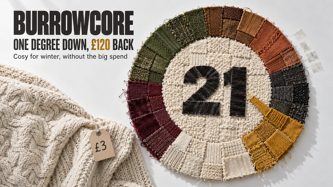 Wool and velvet swatches laid out as a thermostat dial turned from 22 to 21, beside a charity-shop throw